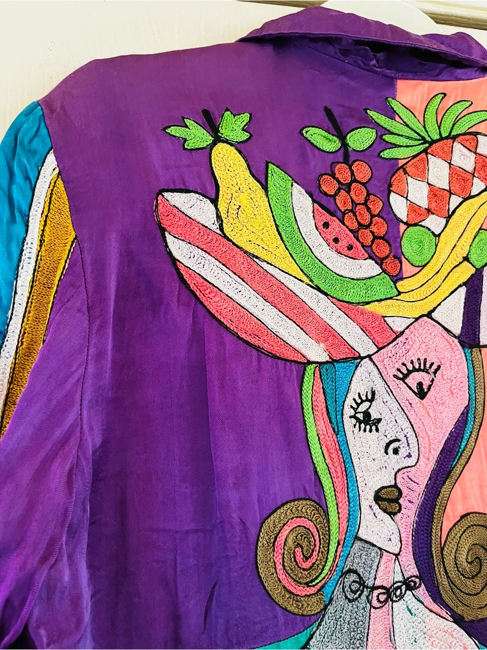 VTG Sandy Starkman Wearable Art Silk Picasso Inspired Boho Maximalism Jacket M - Picture 3 of 12